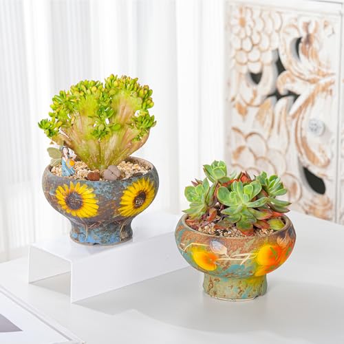 Sungmor Small Succulent Planters Set of 2, Beautiful Hand Crafted Ceramic Plant Pots Cute Cactus Pot, 6.5 Inch Flower Pots for Indoor Plants with Drainage, Desktop Windowsill Home Office Decor Pots | Beautiful Hand Crafted Ceramic Plant Pots Cute Cactus P