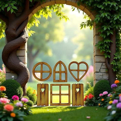 6Pcs Wooden Fairy Garden Door, Blank Door Fairy House Doors and Windows Ornaments Tree Statues for Tree Trunk Yard Decoration Miniature Garden Buildings and Structures Garden Sculptures and Statues