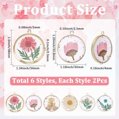 SUNNYCLUE 1 Box 12Pcs Dried Flower Resin Charms Pressed Flower Charm Round Shape Gold Edge Resin Floral Pendants for Jewelry Making Necklace Earring Keychain Bookmark Jewelry Making DIY Crafts