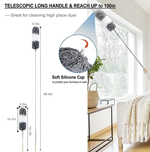 Microfiber Duster Kit High Reach Ceiling Fan Duster with Extendable Pole 100" Telescoping Cobweb Duster for Cleaning, Bendable Head Washable Duster for Ceiling, Fan, Furniture - style: 4PC Duster Kit Grey