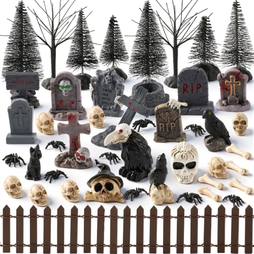 JOYIN 61 Pcs Halloween Village Accessories Set Miniature Graveyard Decorations, Mini Tombstones, Crows, Black Cat, Skulls, Spiders, Fence and Trees for Halloween Town Mini Scene Garden Dollhouse Decor