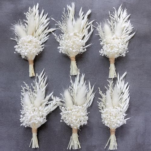 Mini Dried Flower Bouquet (Pack of 6), Groom and Best Man Corsages, Pampas, Small Bouquets.(Pure White) - color: Pure White