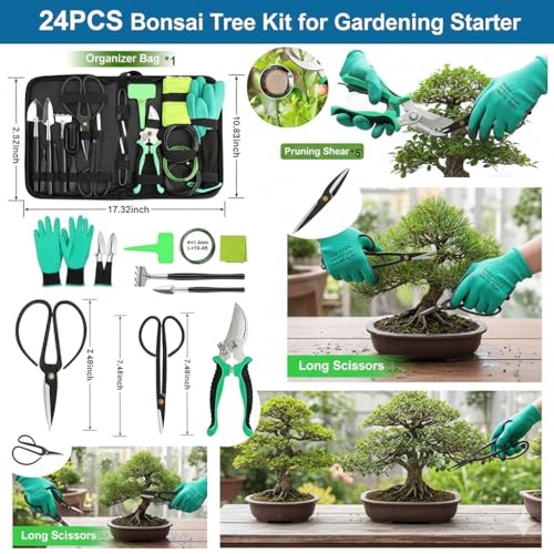 Bonsai Tools Kit 24 PCS for Beginners, Bonsai Tree Kit with PU Leather Bag, Pruning Shears, Scissors, Bonsai Wire, Succulent Repotting Tools, Gardening Gift for Women Men