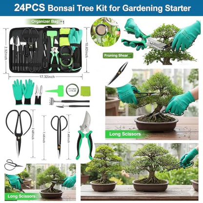 Bonsai Tools Kit 24 PCS for Beginners, Bonsai Tree Kit with PU Leather Bag, Pruning Shears, Scissors, Bonsai Wire, Succulent Repotting Tools, Gardening Gift for Women Men