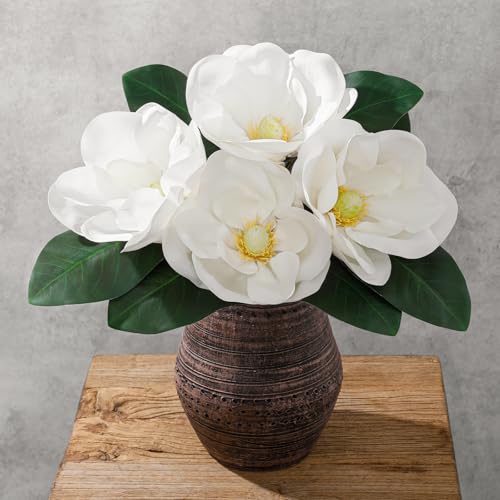 4Pcs White Artificial Magnolia Flowers, Real Touch Fake Magnolia | Faux Magnolia Flowers for Home, Wedding Centerpiece, Kitchen, DIY Floral Arrangements, Table Vase Fillers for Room Decor - color: Magnolia Flowers-white
