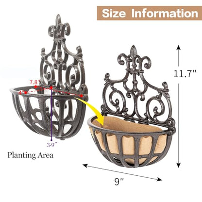 Sungmor 2PC Small Cast Iron Baskets, Heavy-Duty Wall Hanging Hollow Planter w/Fabric Liner, Antique Victoria Half Round Wall Pot Plants Holder, Outdoor Railing Fence Balcony Hanging Basket Flower Pot | Antique Victoria Half Round Wall Pot Plants Holder, O