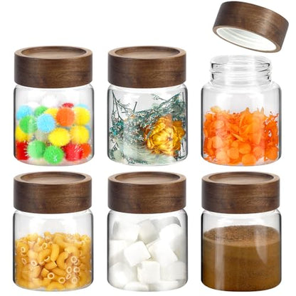 6 pc Glass Spice jars Glass Jars with Screw Lid 5 oz Acacia Wood Glass Herb Sugar Coffee Bean Ground Container Food Storage Canister for Candy Pantry Tea Seasoning Meal Prep Snack (6*150ml(5oz)) - color: 6*150ml(5oz)