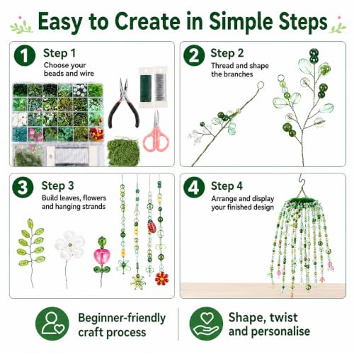Xapryon Green Glass Beaded Plant Kit with Wire and Craft Guide | Green glass leaf and floral beads with flexible wire and faux moss for beaded plants, jewelry, ornaments and suncatchers