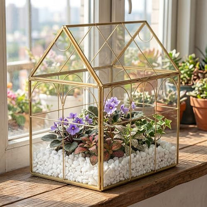 Fochier Geometric Glass Terrarium Planter, Handmade House-Shaped with Front Opening Door, Small Succulent & Cactus Display Box with Lid, Indoor Tabletop Micro Landscape Decor, No Plants, Gold