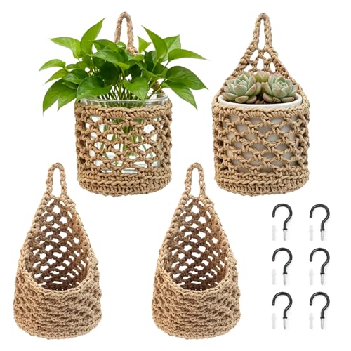 4 PCS 5-Inch Macrame Wall Plant Hangers, Small Wall Hanging Plant Holder with Hooks, Natural Cotton Rope Hanger for Indoor Plants & Daily Storage, Boho Home Decor - color: Natural