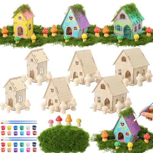 DoubleFill 6 Sets Fairy House Kit, Wood Craft, 3 Mixed Cute Roof Styles - style: 3 Mixed Cute Roof Styles