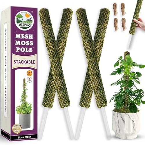 4 Pack 22" Black Stackable Mesh Moss Pole for Plants | Extendable Up to 71", Natural Forest Moss Pole Monstera Plant Support, Moss Stick for Climbing Plants & Indoor Plant Stakes - color: 4pcs Black