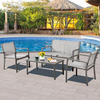 Vongrasig 4 Pieces Patio Furniture Sets,Outdoor Patio Conversation Sets with Glass Coffee Table, Small Porch Balcony Furniture, Patio Table and Chairs Set for Garden, Backyard (Silver) - color: Silver