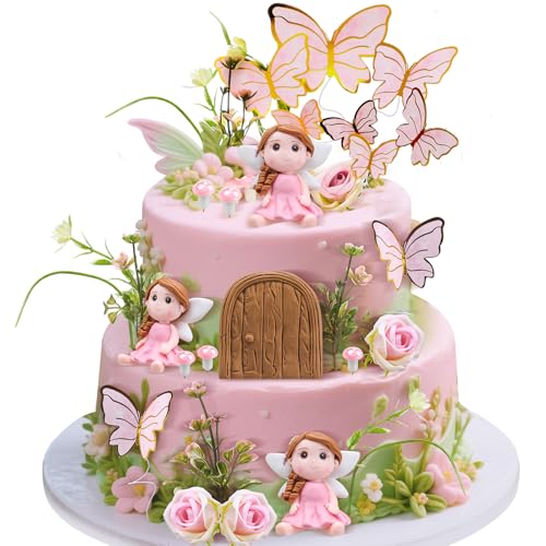 38 Pcs Fairy Cake Toppers Garden Topper Fairy Cake Decoration Pink Mushroom Butterfly Flowers Dessert Decoration for Birthday Baby Shower Party Favors