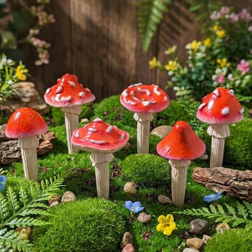Fairy Garden Mushrooms for Outdoor Decor, 6Pcs Red Mini Mushroom Figurines - color: Red and White