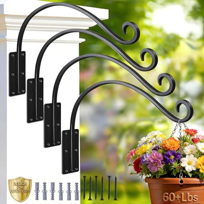 Heavy Duty 16 Inch Plant Hangers Bracket Outdoor 4 Pack Hanging Plant Hook | 60LBS Capacity, Rust-Proof Metal Wall Hook, Enhanced 6-Hole Base, For Hanging Plants, Bird Feeder, Wind Chime, Flower Baskets - size: 16in-4PCs