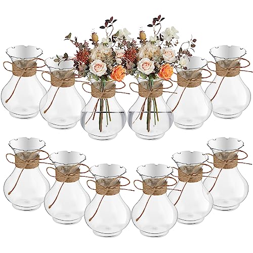 5.7" Plastic Small Bud Vases Bulk for Centerpieces, 12 Pcs | Small Plastic Bud Vase for Flowers, Weddings, Receptions, Parties, Anniversary, Birthday, Festivals, Home Decor, with Rope