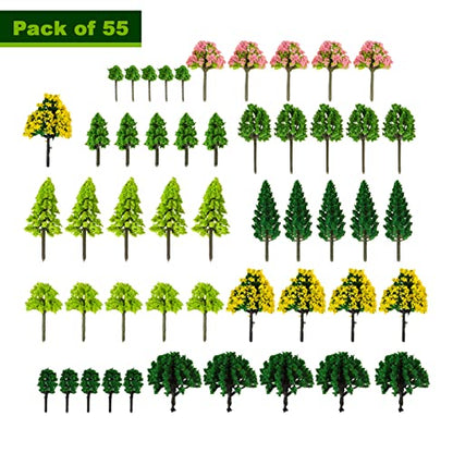 Yetaha 55Pcs Mixed Miniature Green Trees for Train Landscape DIY Decor