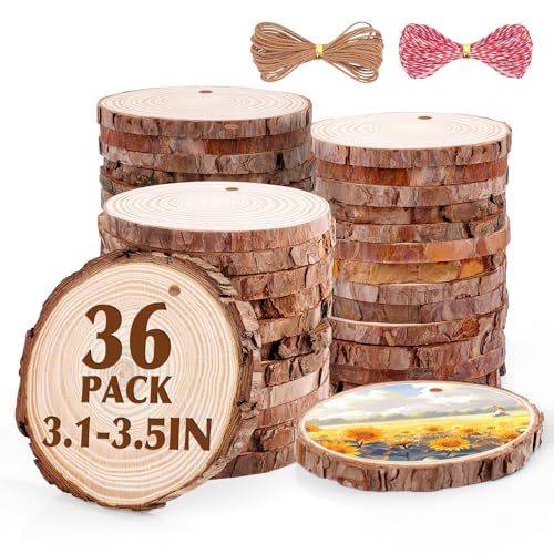 36 Pack Nature Wood Slices for Crafts,3.1-3.5In Unfinished Natural Wood Rounds.Wood Circles Predrilled with Hole and 20m Rope for Wooden Craft Supplies,Painting,Wooden Ornaments,DIY Gifts - size: 3.1-3.5 in 36 pack