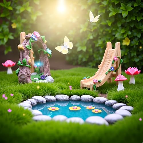 Kai Dream Miniature Fairy Garden Accessories Set, 2 Piece Resin Decorative Landscape Kit with Arch and Slide, Floral Garden Ornaments - style: Arch, Slide Set