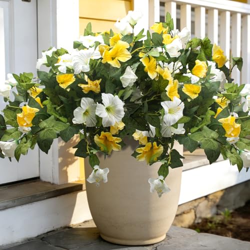 Grunyia Artificial Faux Petunias Silk Flowers for Outdoor Decoration, UV Resistant No Fade, Purple and White, 2 Pack, for Home Garden Balcony Yard Porch Indoor Decor (White+Yellow) - color: White+yellow