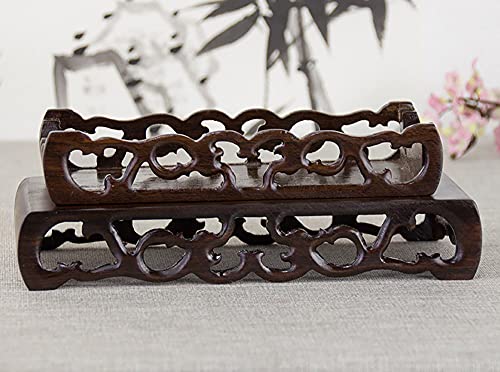 Catalpa Wood Rectangular Book Scroll Small Base Handmade Crafts Pedestal | Black Wooden Carved Vase Flower Pot Buddha Ornament Display Stand - size: 3.5X1.6X1.0 in
