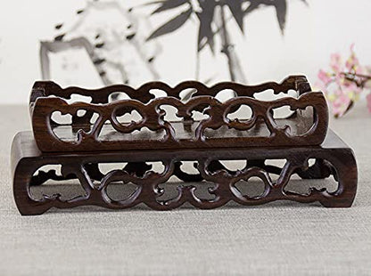 Catalpa Wood Rectangular Book Scroll Small Base Handmade Crafts Pedestal | Black Wooden Carved Vase Flower Pot Buddha Ornament Display Stand - size: 3.5X1.6X1.0 in