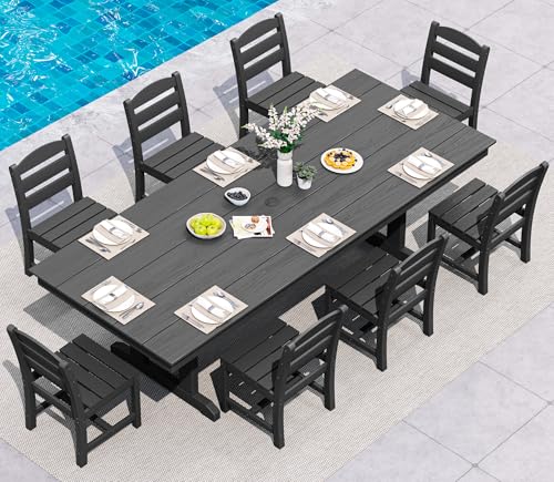 SERWALL 9Pcs 84" HDPE Outdoor Dining Set for 8 with Armless Chairs,Black - color: Black, size: 9-Piece (1 Table + 8 Armless Chairs)