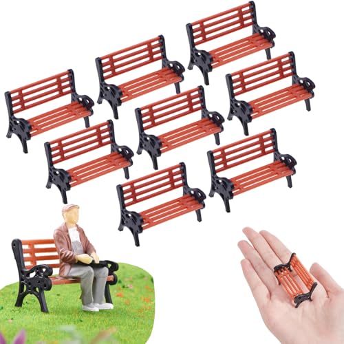 8Pcs Miniature Park Street Bench Chair Model, 1:24 Scale, 1.65 in, Brown | Garden Seats, Tiny Park Benches Settee, for Dollhouse and Fairy Garden Accessories, Train Platform and Miniature Landscape