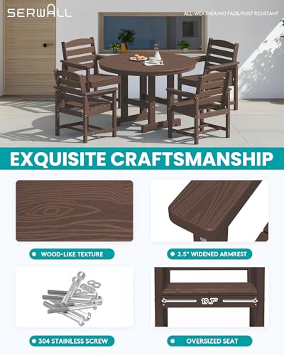 SERWALL 5-Piece HDPE Round Dining Set, 45" Table, 4 Chairs, Coffee - color: Coffee
