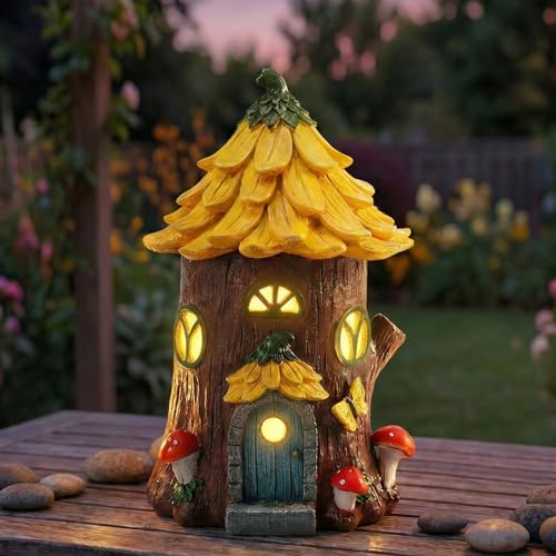 Lavezee Fairy House Outdoor Figurine Lights for Garden Decor, Fairy Garden Houses for Front Porch Patio Backyard Yard Decoration, Birthday Gifts for Mom Women - color: Yellow
