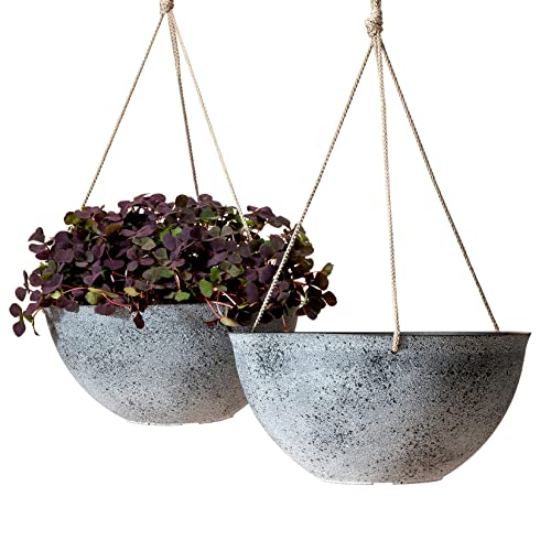 LA JOLIE MUSE Large Hanging Planters for Outdoor Plants, Set of 2,13 Inch | Grey Hanging Baskets with Drainage Holes, Decorative Outdoor Hanging Planters for Windows, Porches, Balcony, Garden & Patio - color: Concrete Gray