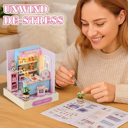 Kisoy Dollhouse Miniature with Furniture Kit, DIY 3D Wooden DIY House Kit with Dust Cover,Handmade Tiny House Toys for Teens Adults Gift (Yummy Candy) - color: Yummy Candy