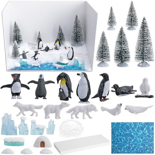 30 Pcs Arctic Animals Habitat Diorama Project Set for School DIY Crafts | Arctic Diorama Box Kit Figurine Toys Model, Polar Bear Penguin Animals Figurines Diorama Supplies - color: Arctic Style-30pcs