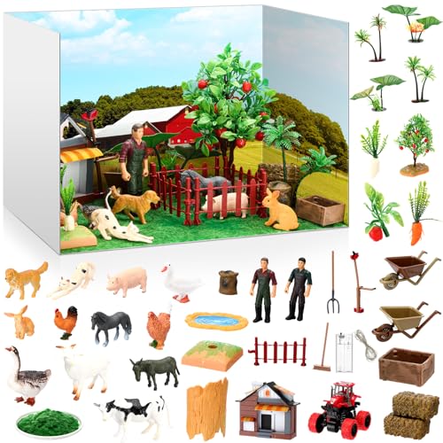 Soulchen 58 Pcs Diorama Kit Farm Diorama Box Supplies Include Animals Figures Model House Fruit Trees Vegetable Gardens Ponds Animal Pens Farm Vehicles Tillage Equipment for Birthday Gift Crafts - style: Farm Animal