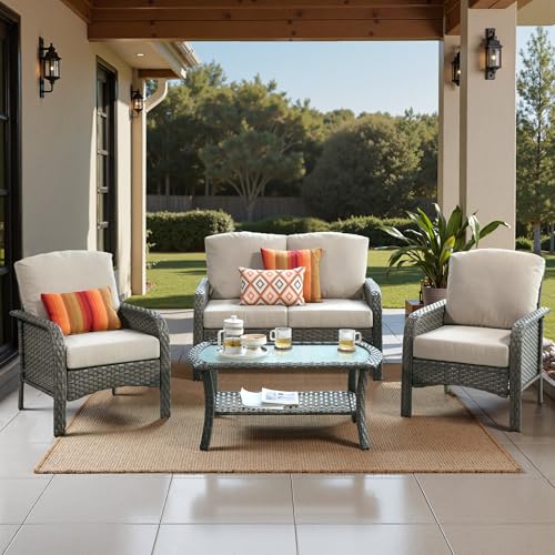 4 Piece Wicker Patio Furniture Set High Back, Beige - color: Beige, size: 4 Pcs Patio Set
