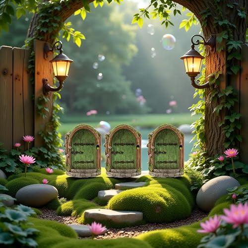 JJLFresheners 3Pcs Green Fairy Door Wooden Miniature Fairy Garden Doors Outdoor Mini Gnome House Accessories for Tree Trunk Ornaments Miniatures, Garden Sculptures and Statues, Fairy Door