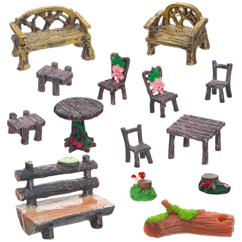 14 Pcs Fairy Garden Accessories, Miniature Table and Chairs Set, Mini Resin Furniture, Miniature Garden Figurines for Fairy Garden Dollhouse Landscape DIY Craft Glass Container Desktops Decor | Mini Resin Furniture Miniature Garden Figurines for Fairy Gar