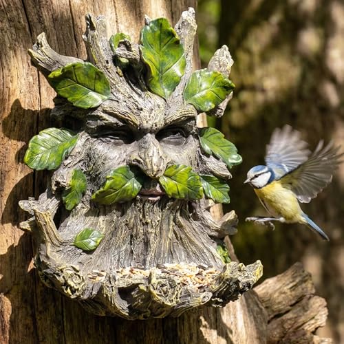 10.3" Whimsical Tree Face Sculpture, Garden Peeker Statue, Outdoor Trunk Tree Huggers Art, Landscape Accent Ornament, Hanging Fairy Elve Figurine for Yard Art, Feeder Decor Wall Mounted Statue - color: Green Mi
