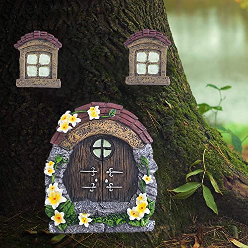 vomiceak Fairy Gnome Home for Tree Decor，Glow in Dark Fairy House Have Window and Door for Garden Decoration，Fairies Sleeping Door and Windows, Yard Art Garden Sculpture, Lawn Ornament - color: Yellow