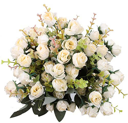 7 Branch 21 Mini Rose Heads Artificial Flowers Bouquet Wedding Home Office Decor,Pack of 4 (4, Champagne) - color: Champagne