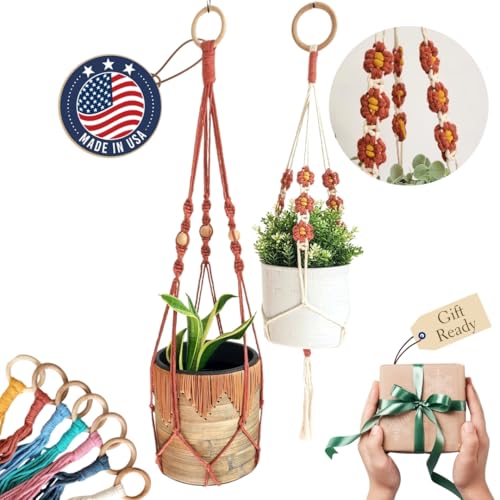 Set of 2 Macrame plant hanger with Daisies & Beads | Hanging plant holder Macrame Plant hangers outdoor and indoor hanging planters Plant stand indoor Boho Decor hanging planter stand (Cafe Latte) - color: Cafe Latte