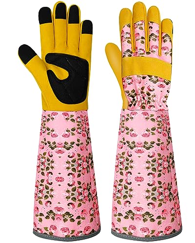 Long Gardening Gloves for Women Thorn Proof Leather Garden Gloves Breathable Working Gloves for Women Yard Outdoor - color: Pink-large