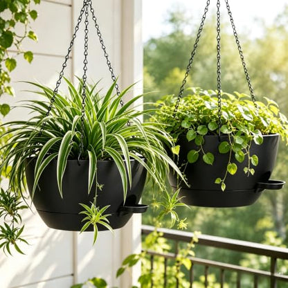 12" Self Watering Hanging Planters with Chains, Black, 2 Pack - color: Black, size: 2 pack 12 inches