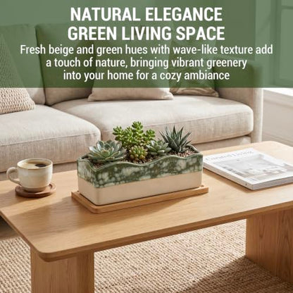 MyGift Beige Green Ceramic Glazed Rectangular Succulent Planter Pot - size: 10 Inch