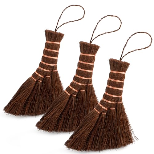 Fasmov 3 Pack Bonsai Broom Brush, Natural Straw Broom with Embroidery Nylon Thread Handle with Hanger, Whisk Broom Hand Brush Car Broom for Cleaning Dustpan Desktop