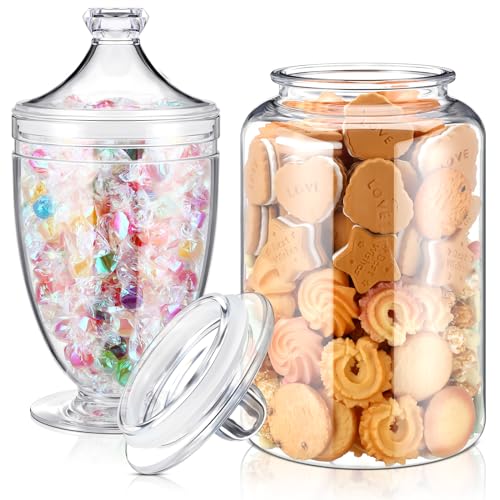 Nuogo 2 Pcs 1 Gallon Plastic Candy & Cookie Jar with Lids 128 oz Decorative Apothecary Jars Candy Buffet Containers Clear Airtight Food Storage Canister Home Decor Centerpiece (Bottle+cup Shape)