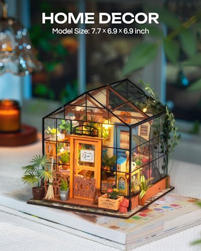 Rolife Greenhouse DIY Miniature Dollhouse Kit Creative Gift for Adults | 1:18 Scale Cathy's Flower House with LED Light, Wooden 3D Puzzle Model Kit, Diorama Craft Set for Home Decor Display