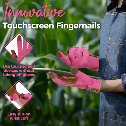HANDLANDY Gardening Gloves for Women, Leather Garden Glove, Gardener Gift - color: Hot Pink, size: Small (Pack of 1)