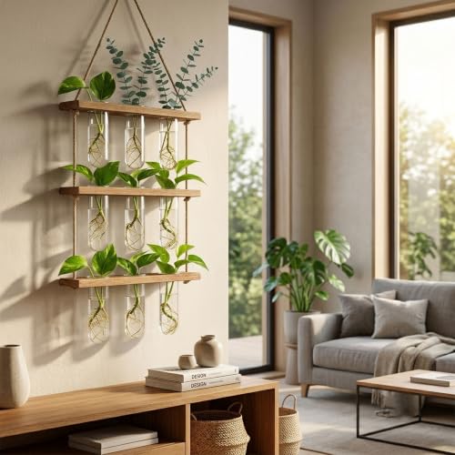 Plant Propagation Hanging Station, 3 Tier Wall Hanging Terrarium with Wooden Stand, Flower Vase Test Tube Glass Planter Stations for Hydroponic Cuttings, Home, Garden, and Office Decor